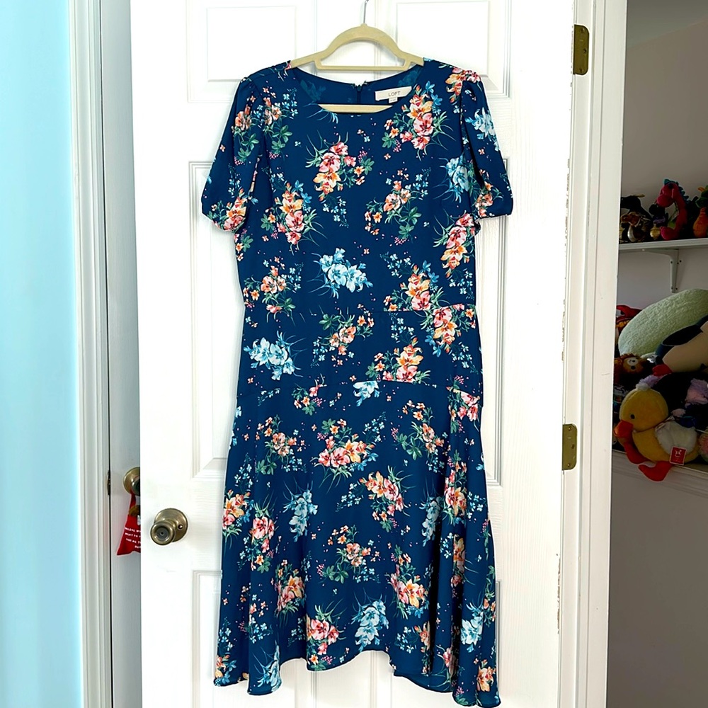 Loft Green Floral Flowered Midi Dress L